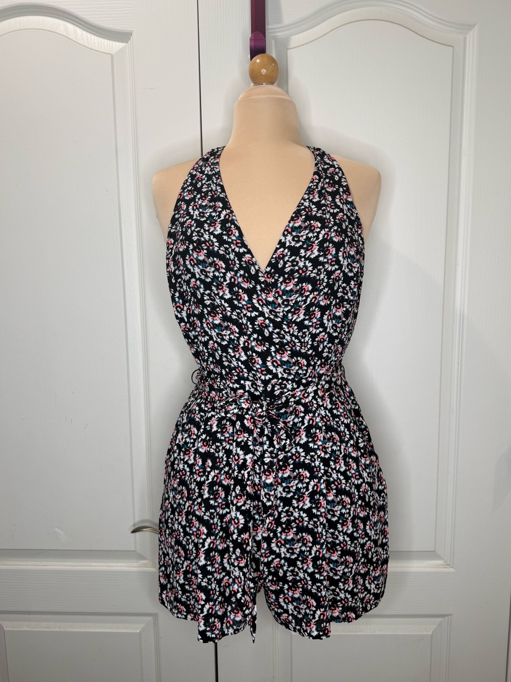 Express Black Floral Halter Romper with Pink & White Accents